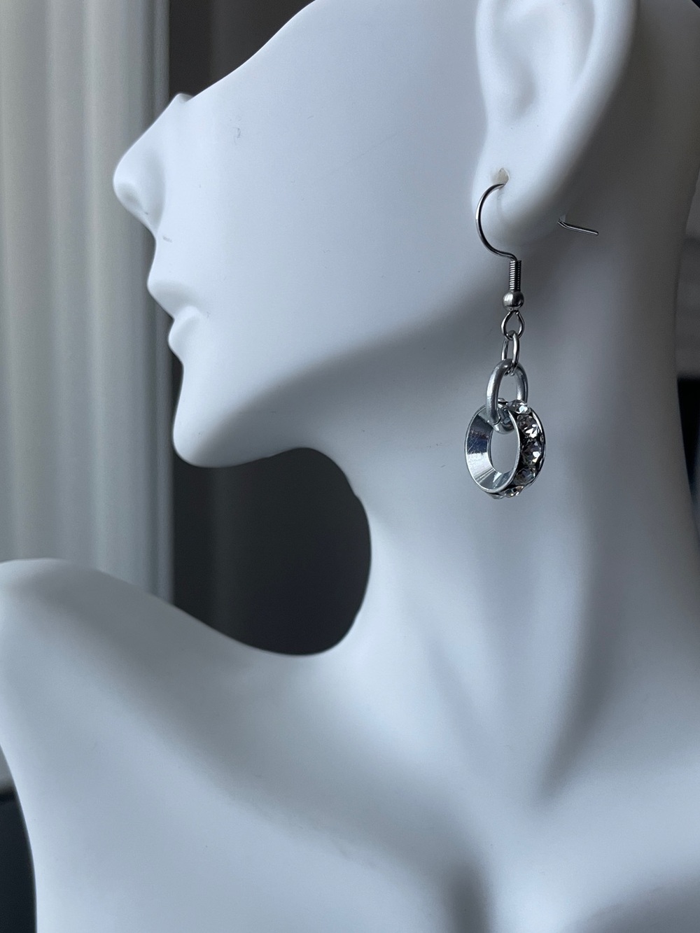 Silver Toned Hoop Dangle Earrings - Sleek Modern Style- Handmade